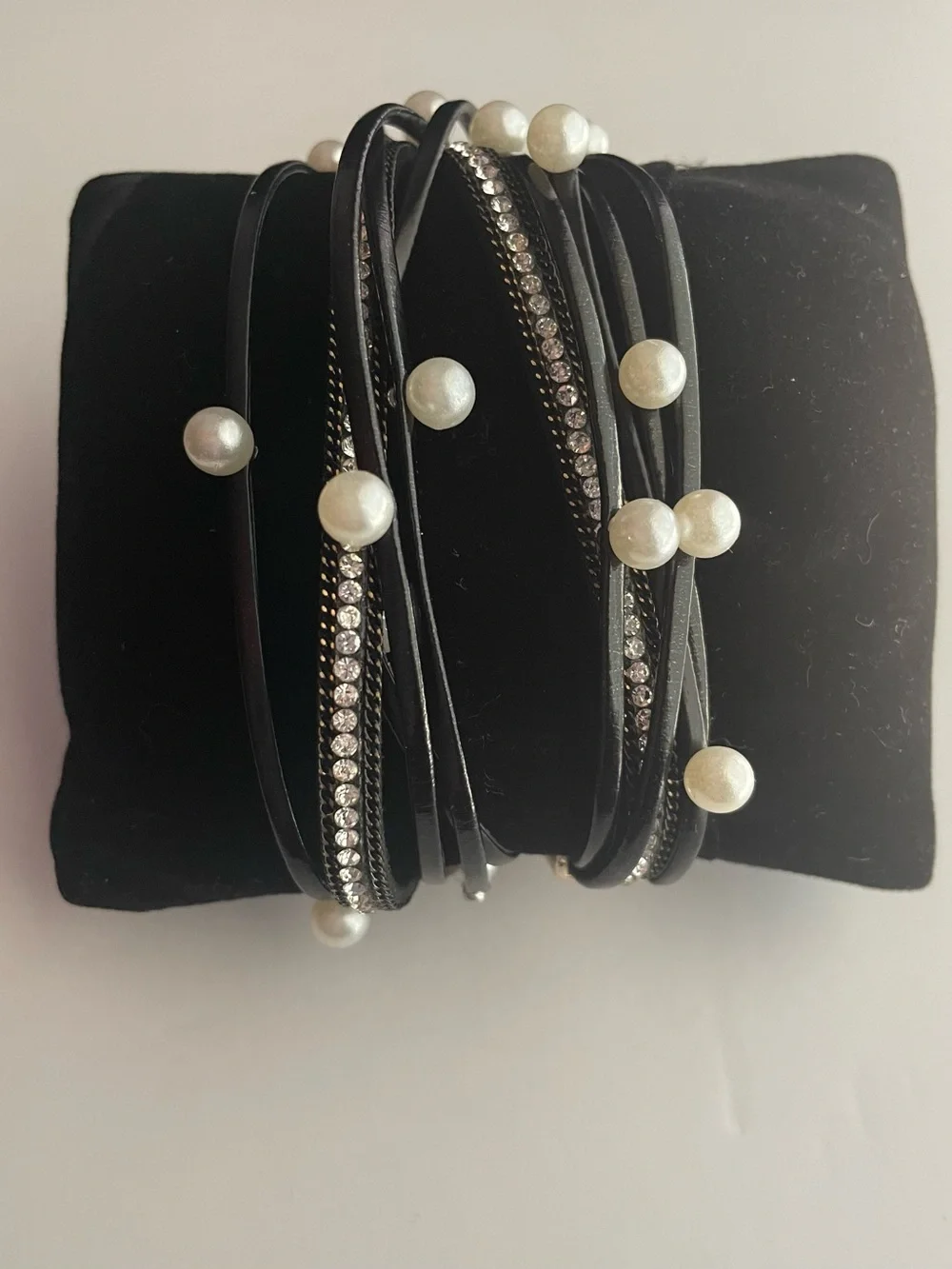 Black Pearl & Crystal Multi-Strand Wrap Bracelet with a gold magnetic closure